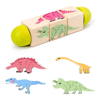 Mini puzzle Montessori din lemn cu cilindri și animale