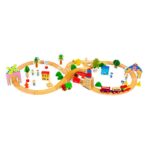 Set trenuleț din lemn cu șine și accesorii, 74 piese, 3+ ani